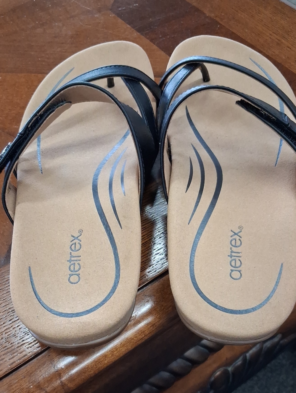 Aetrex Black Strap Sandals with Tan Footbed